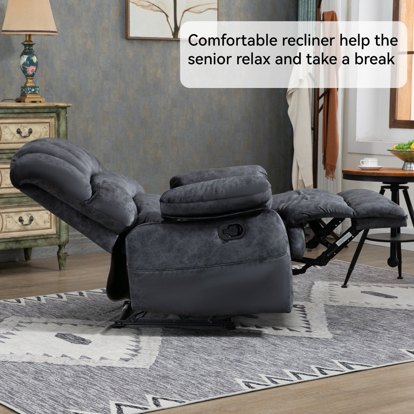 Large Manual Recliner Chair in Fabric for Living Room, Grey