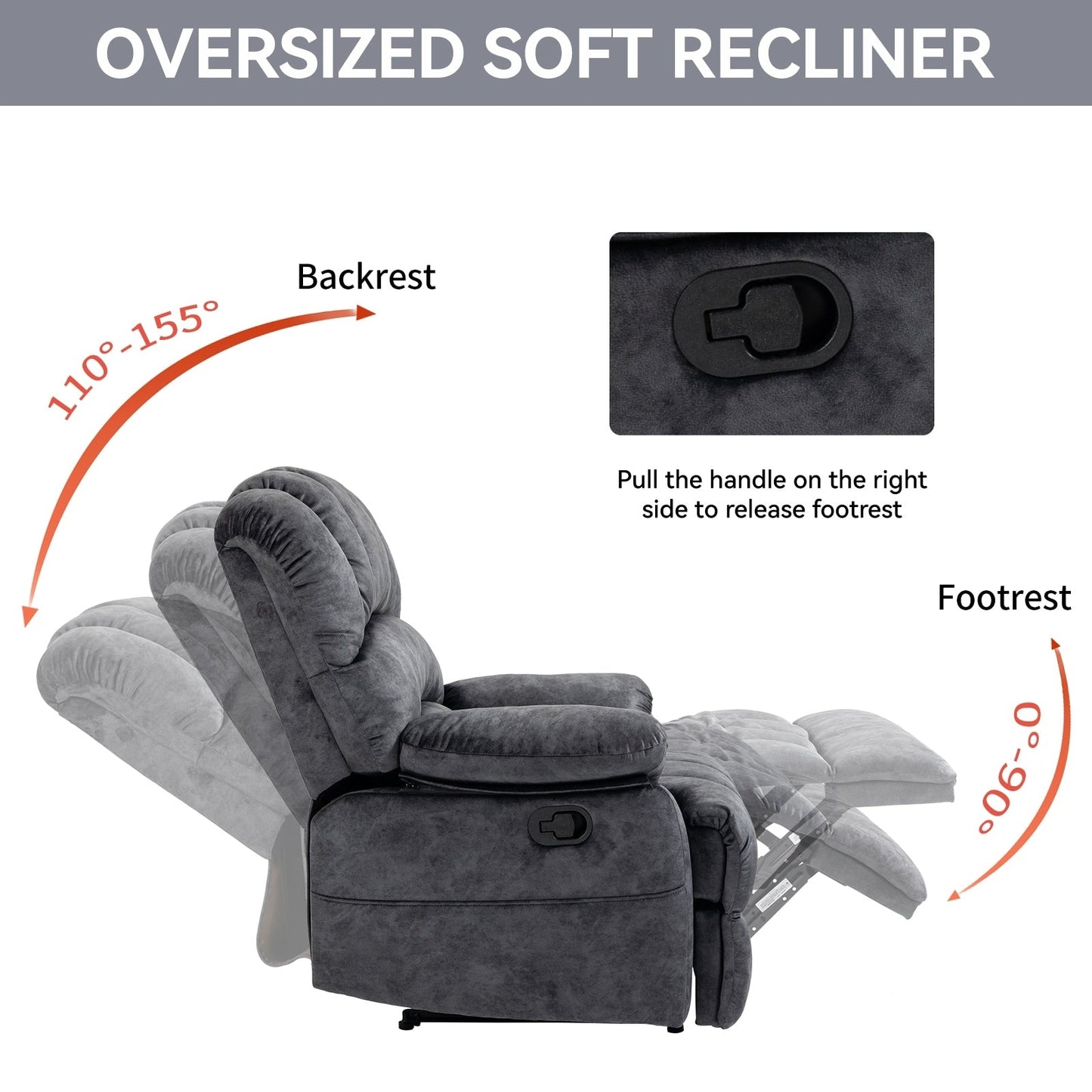 Large Manual Recliner Chair in Fabric for Living Room