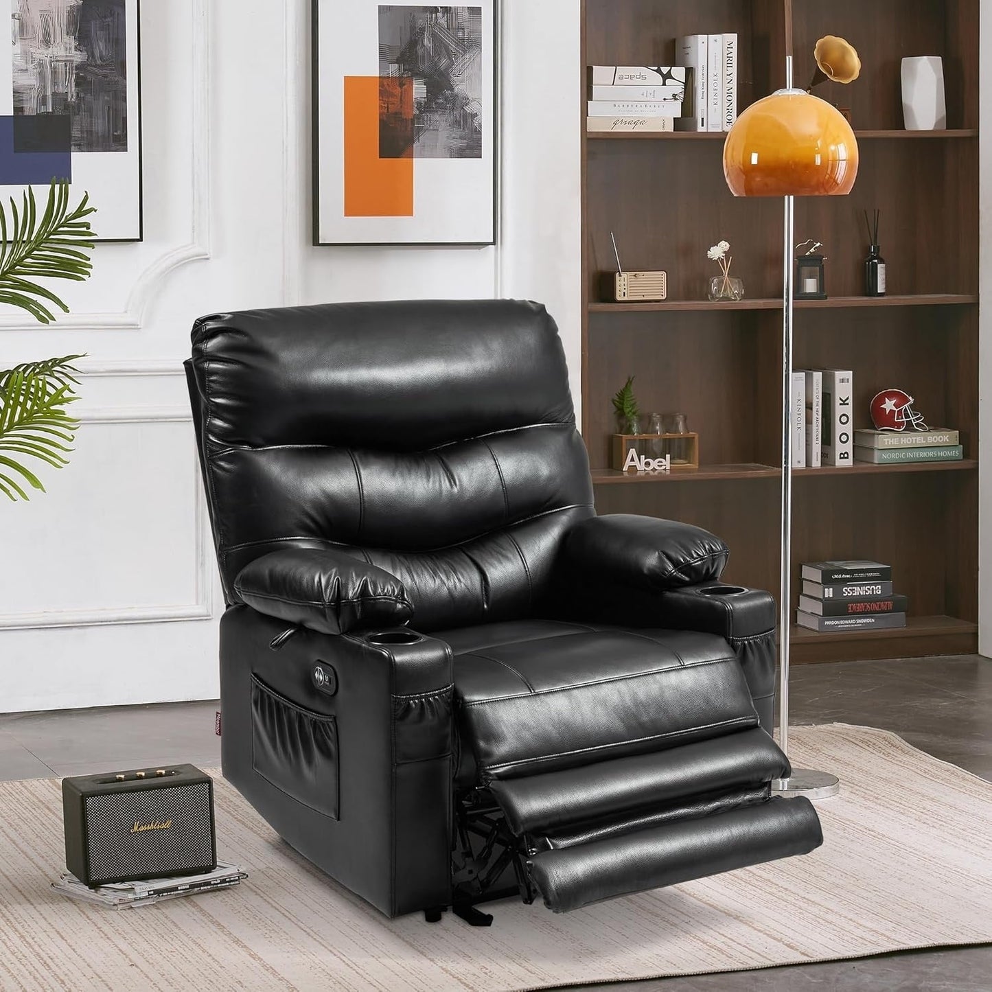 Large Power Faux Leather Recliner Chair with Heat and Massage, Cup Holder, USB Port