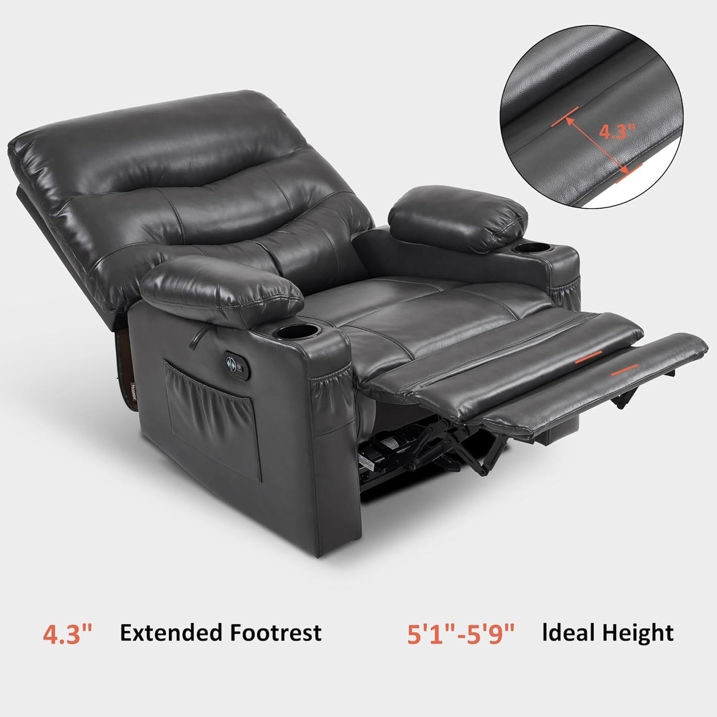 Large Power Faux Leather Recliner Chair with Heat and Massage, Cup Holder, USB Port