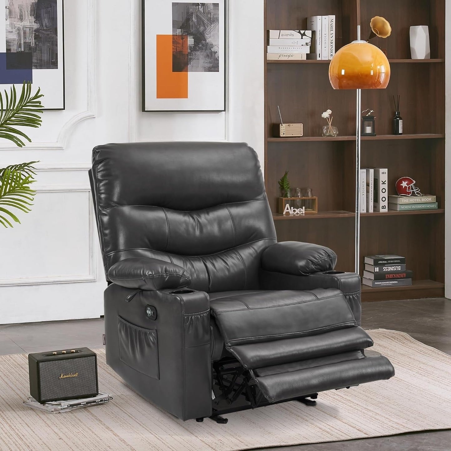 Large Power Faux Leather Recliner Chair with Heat and Massage, Cup Holder, USB Port