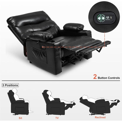 Large Power Faux Leather Recliner Chair with Heat and Massage, Cup Holder, USB Port