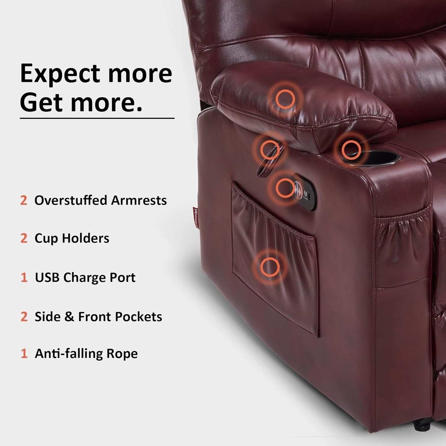 Large Power Faux Leather Recliner Chair with Heat and Massage, Cup Holder, USB Port