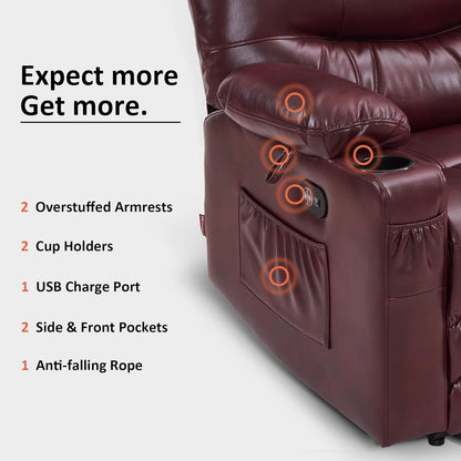Large Power Faux Leather Recliner Chair with Heat and Massage, Cup Holder, USB Port