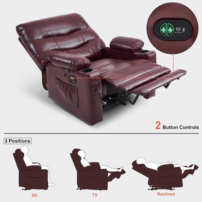 Large Power Faux Leather Recliner Chair with Heat and Massage, Cup Holder, USB Port