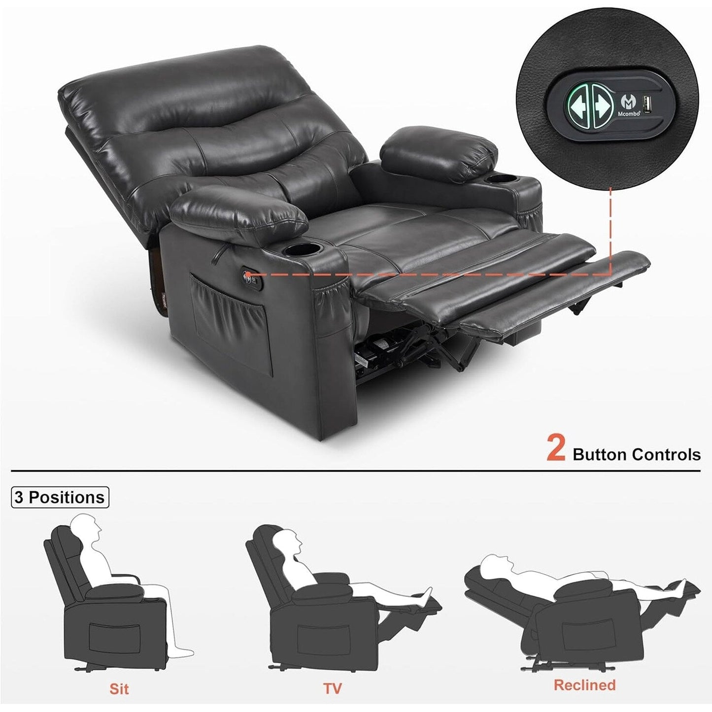 Large Power Faux Leather Recliner Chair with Heat and Massage, Cup Holder, USB Port