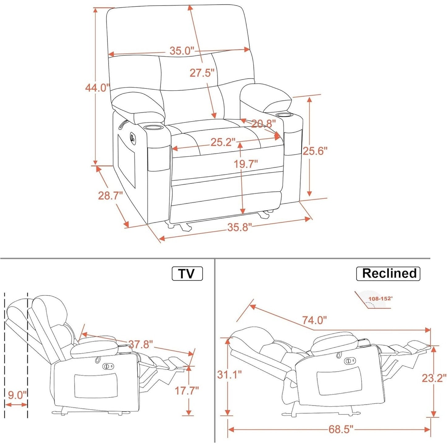 Large Power Faux Leather Recliner Chair with Heat and Massage, Cup Holder, USB Port