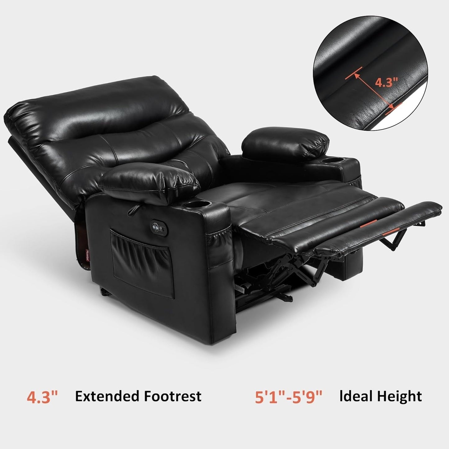 Large Power Faux Leather Recliner Chair with Heat and Massage, Cup Holder, USB Port
