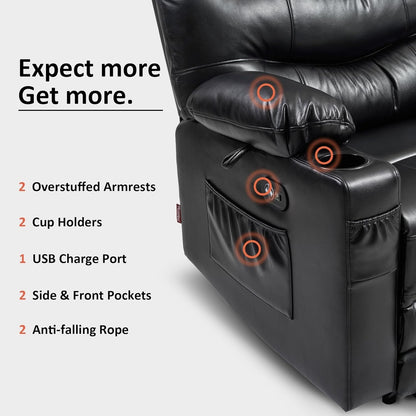 Large Power Faux Leather Recliner Chair with Heat and Massage, Cup Holder, USB Port