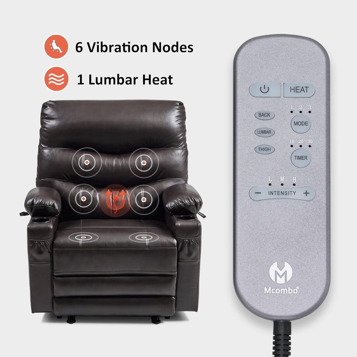 Large Power Faux Leather Recliner Chair with Heat and Massage, Cup Holder, USB Port