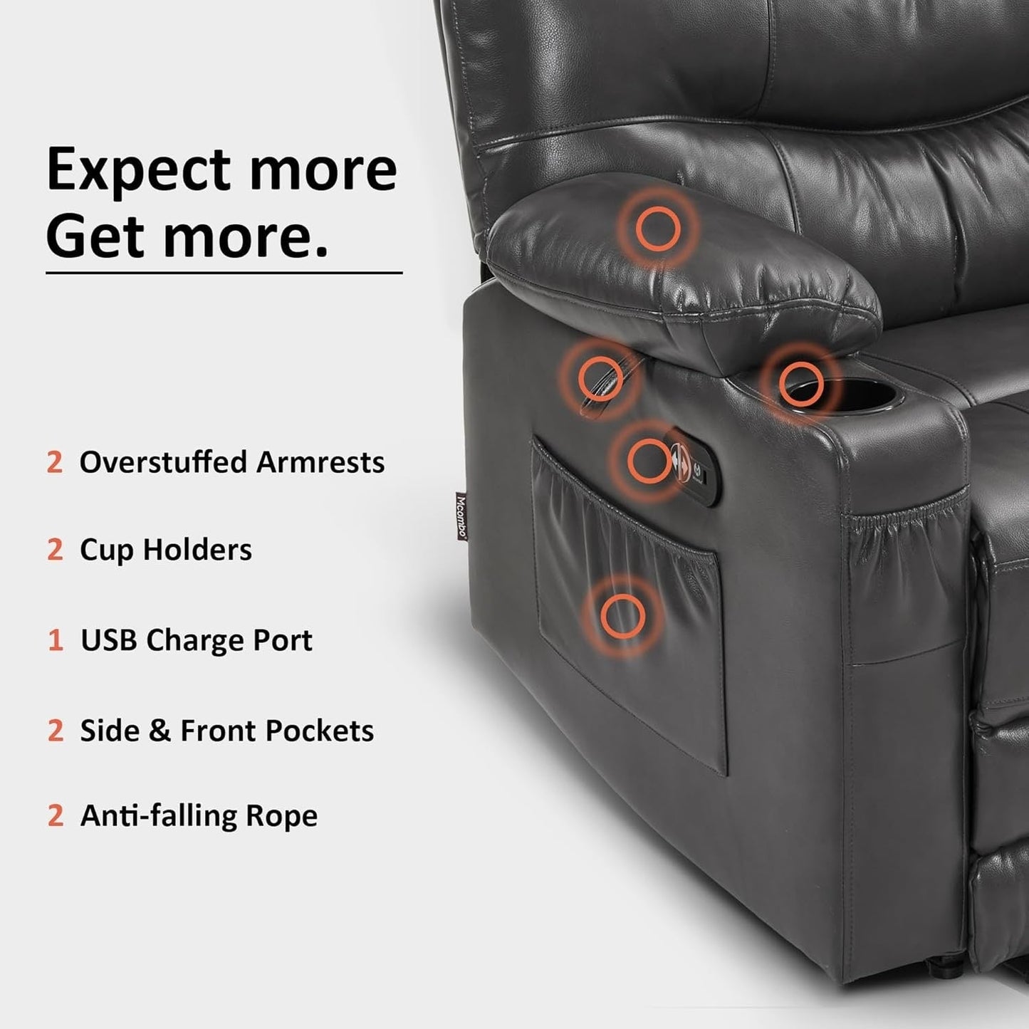 Large Power Faux Leather Recliner Chair with Heat and Massage, Cup Holder, USB Port