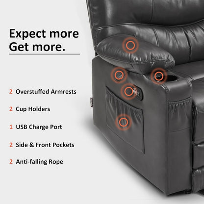 Large Power Faux Leather Recliner Chair with Heat and Massage, Cup Holder, USB Port