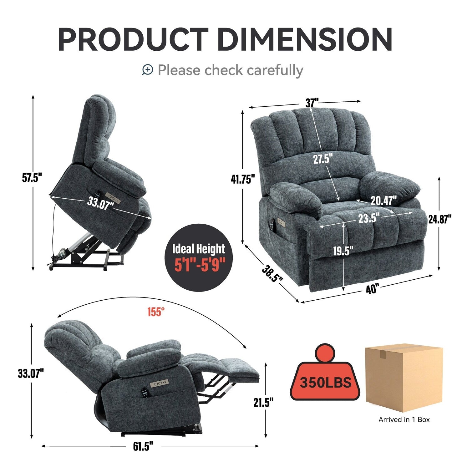 Large Size Dual Motors Power Lift Recliner with 8 Point Massage, Lumbar Heating, USB Ports and Side Pockets