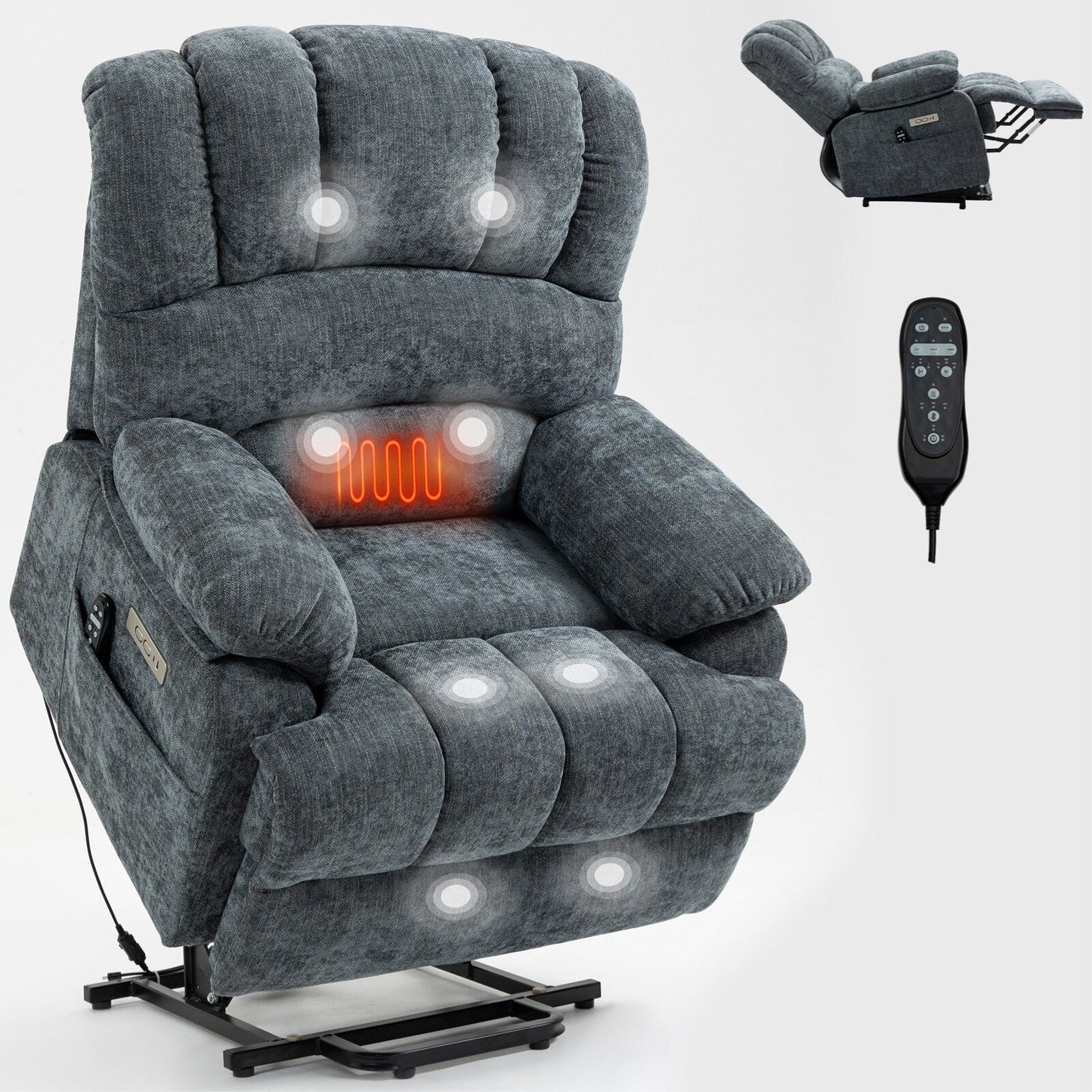 Large Size Dual Motors Power Lift Recliner with 8 Point Massage, Lumbar Heating, USB Ports and Side Pockets