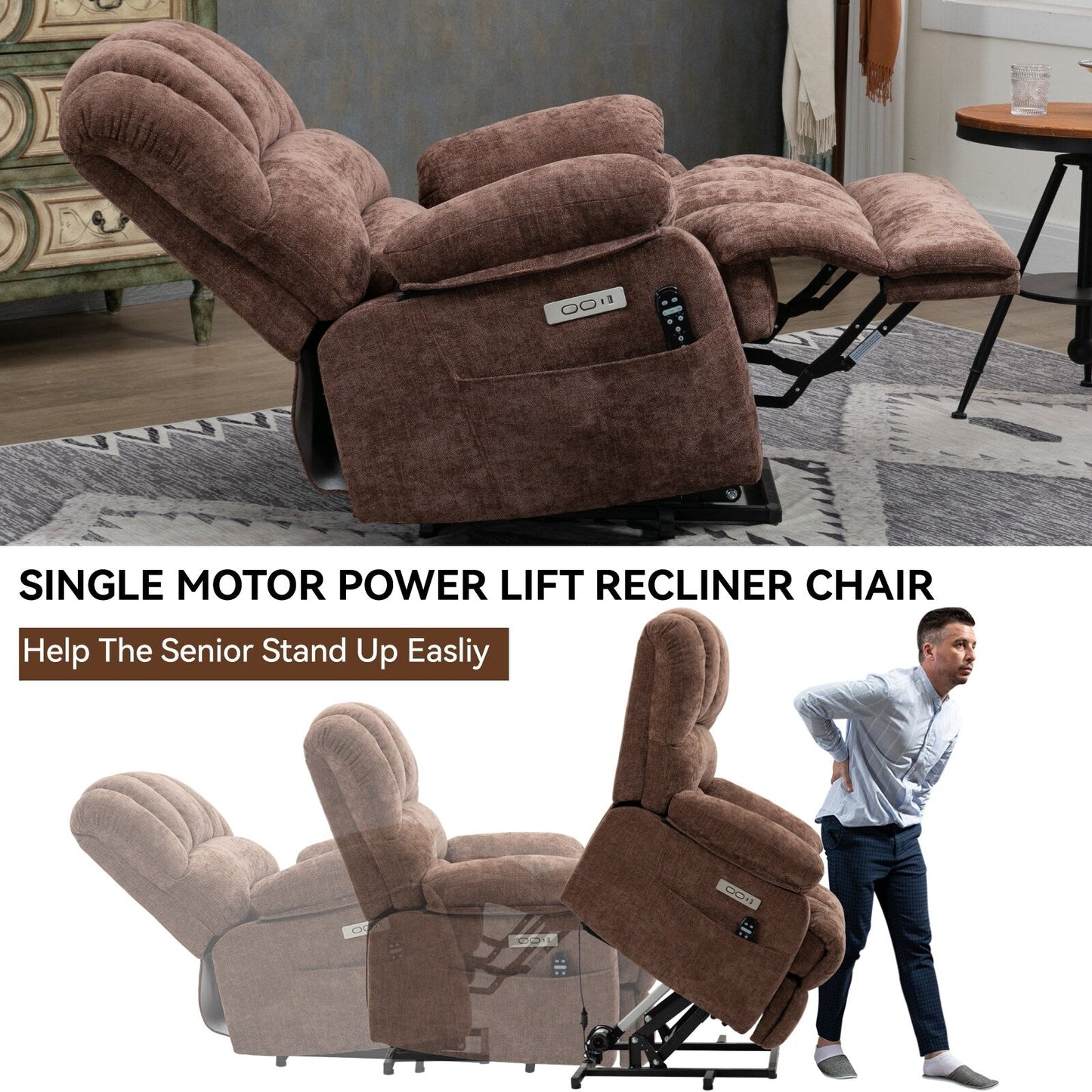 Large Size Dual Motors Power Lift Recliner with 8 Point Massage, Lumbar Heating, USB Ports and Side Pockets