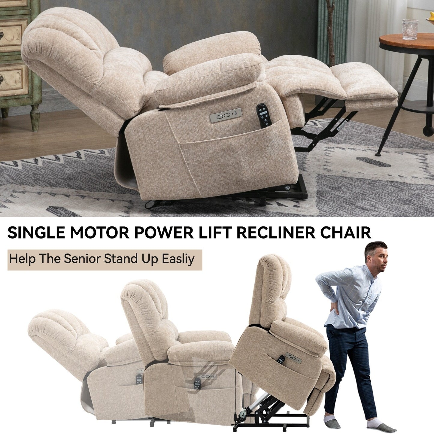 Large Size Dual Motors Power Lift Recliner with 8 Point Massage, Lumbar Heating, USB Ports and Side Pockets
