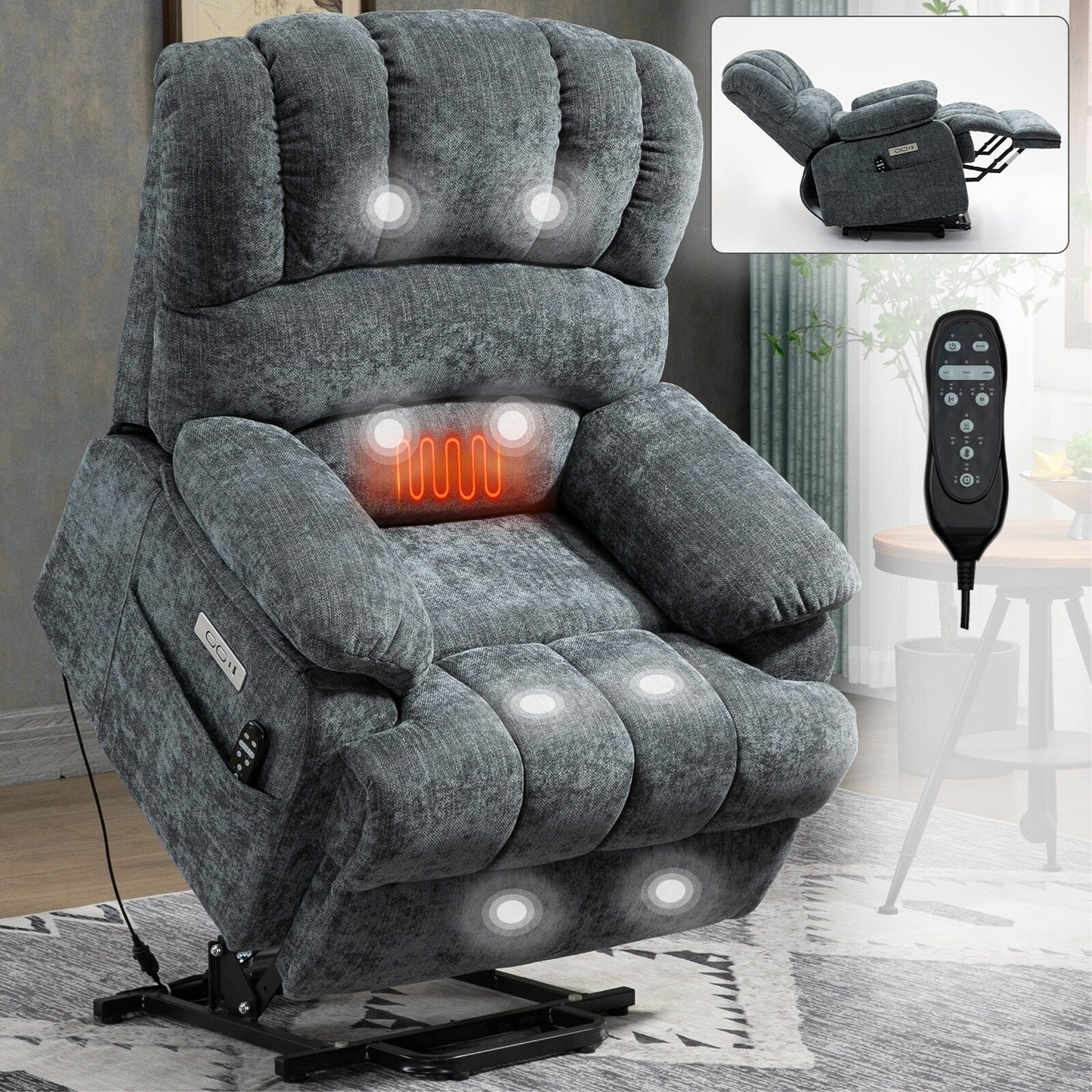 Large Size Dual Motors Power Lift Recliner with 8 Point Massage, Lumbar Heating, USB Ports and Side Pockets