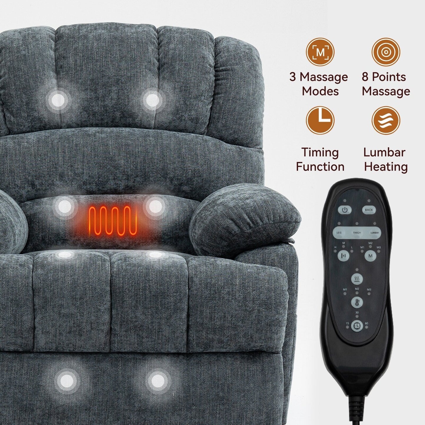 Large Size Dual Motors Power Lift Recliner with 8 Point Massage, Lumbar Heating, USB Ports and Side Pockets