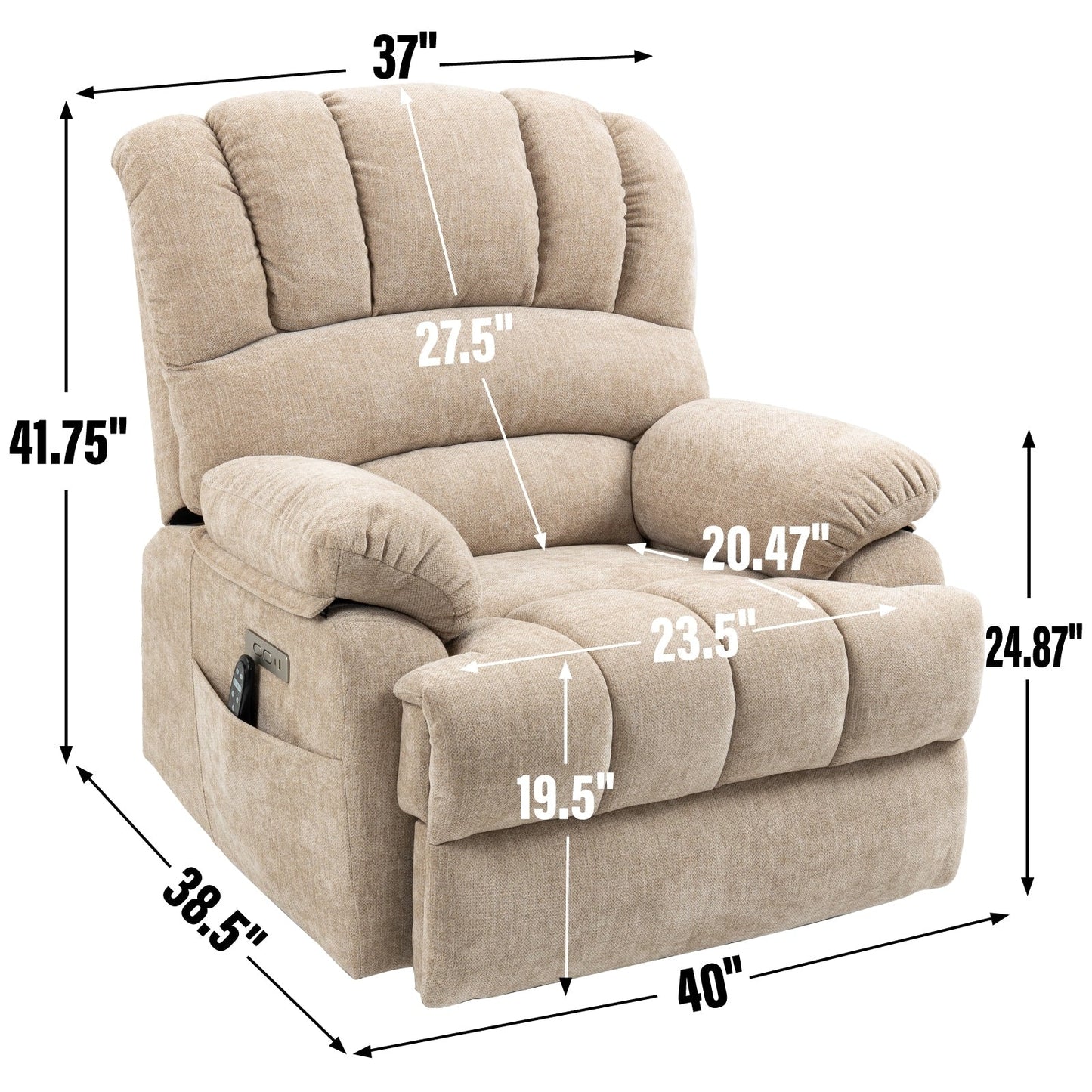 Large Size Dual Motors Power Lift Recliner with 8 Point Massage, Lumbar Heating, USB Ports and Side Pockets