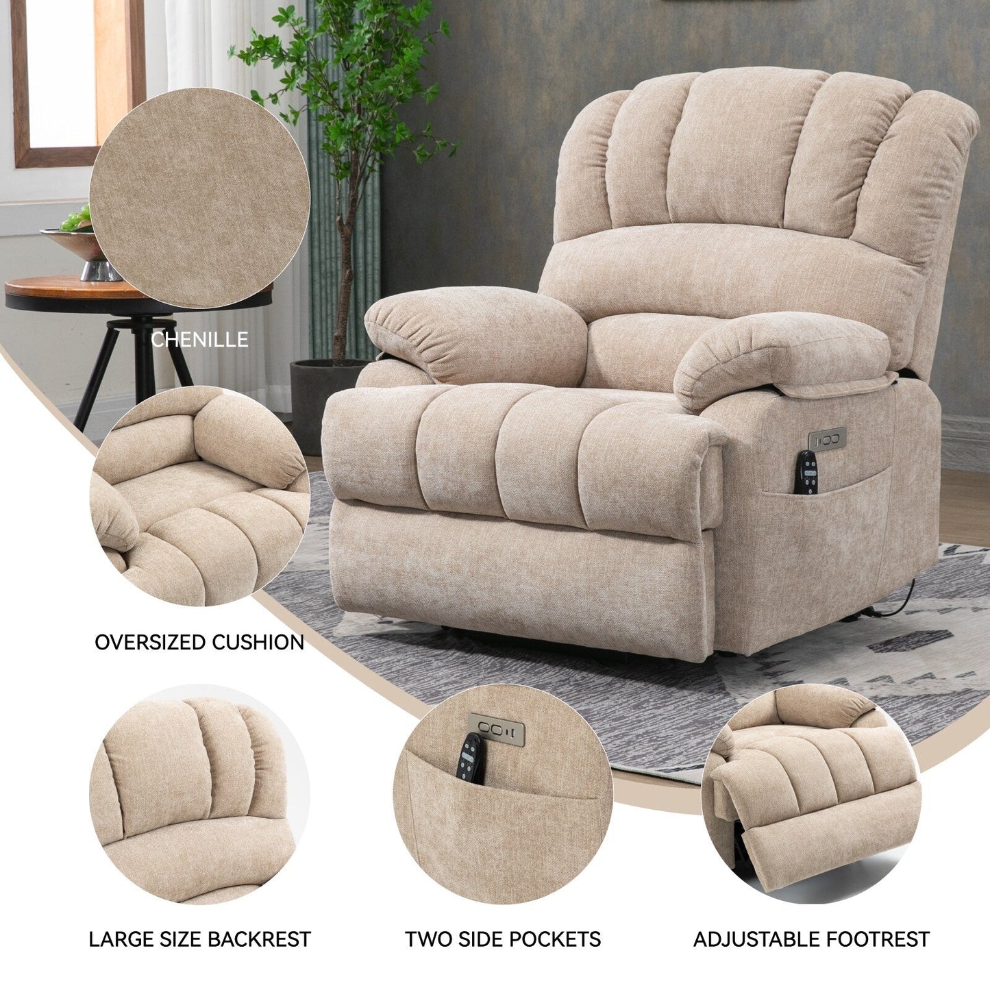 Large Size Dual Motors Power Lift Recliner with 8 Point Massage, Lumbar Heating, USB Ports and Side Pockets