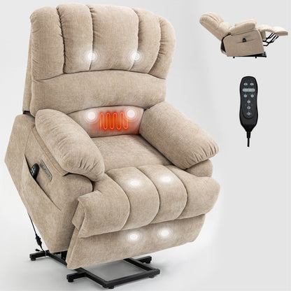 Large Size Dual Motors Power Lift Recliner with 8 Point Massage, Lumbar Heating, USB Ports and Side Pockets