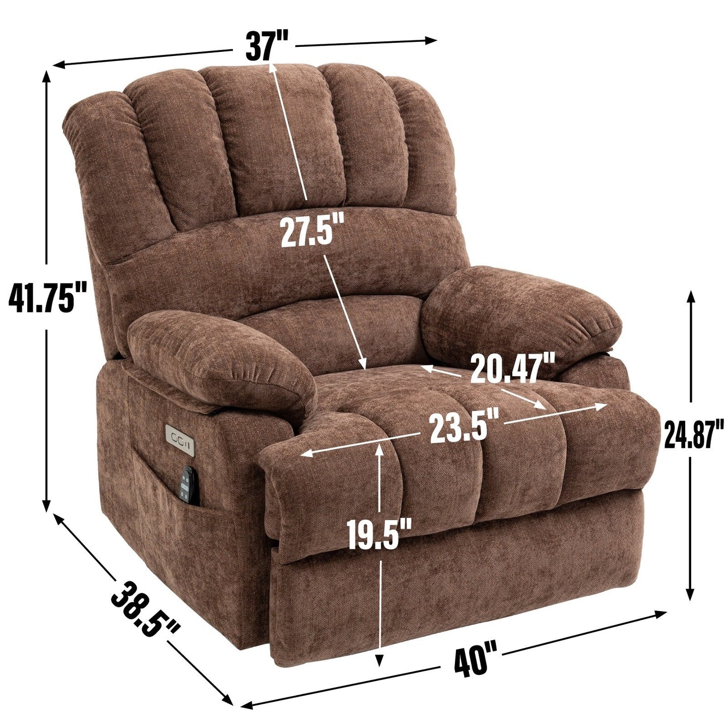 Large Size Dual Motors Power Lift Recliner with 8 Point Massage, Lumbar Heating, USB Ports and Side Pockets