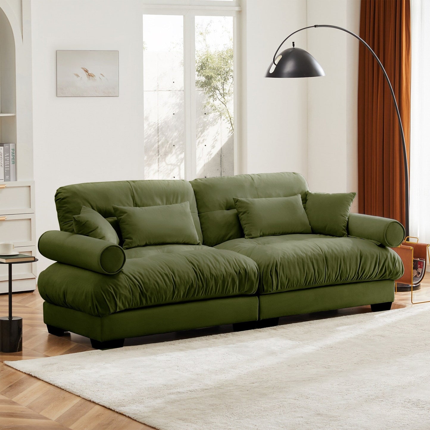 Large Size Modern Two-seater Sofa with Bolstered Armrests,Velvet 2-Seater Sofa With Waist Pillows and Throw Pillows