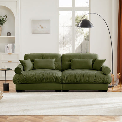 Large Size Modern Two-seater Sofa with Bolstered Armrests,Velvet 2-Seater Sofa With Waist Pillows and Throw Pillows