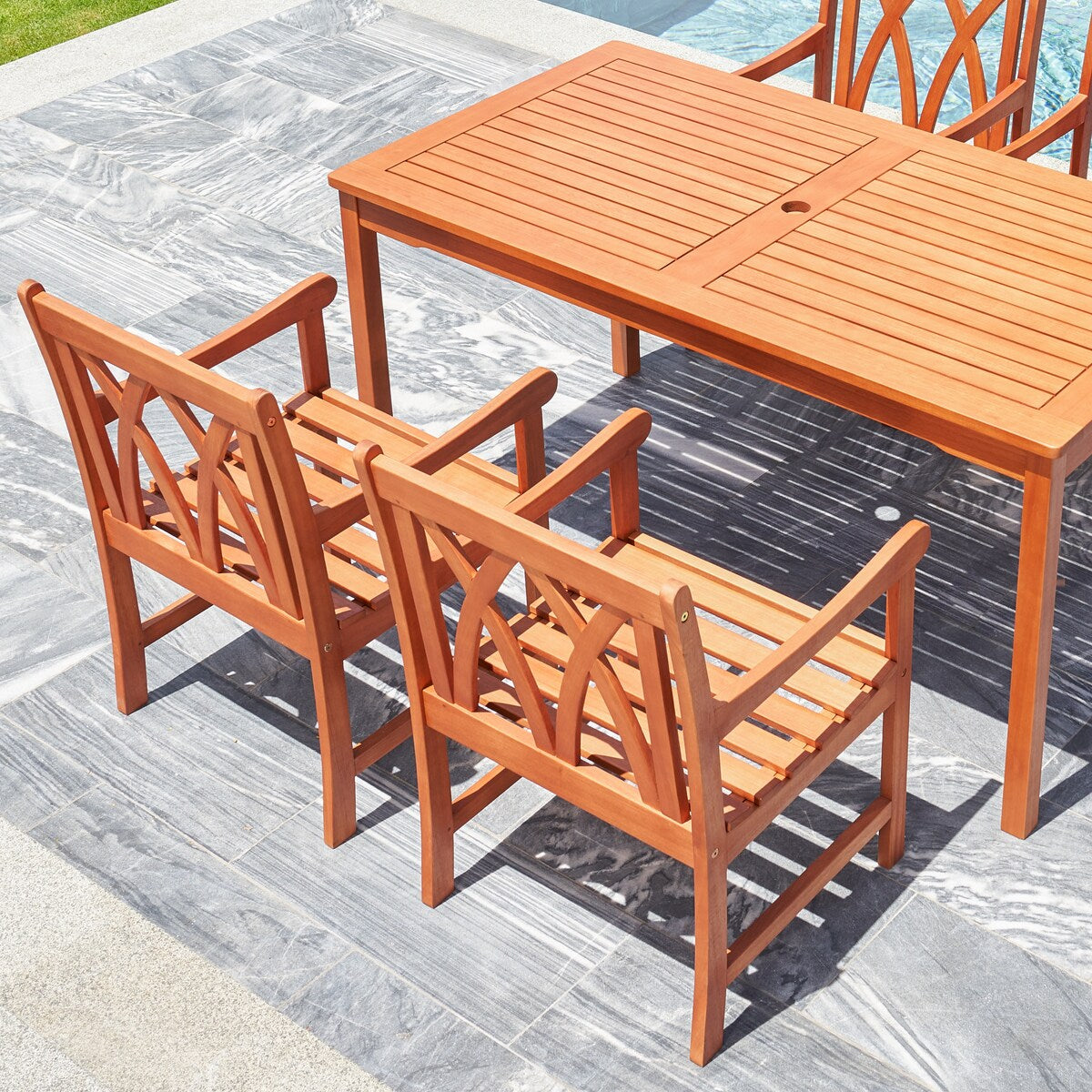 Lazarus 5-Piece Reddish Brown Tropical Wood Patio Table and Armchair Dining Set
