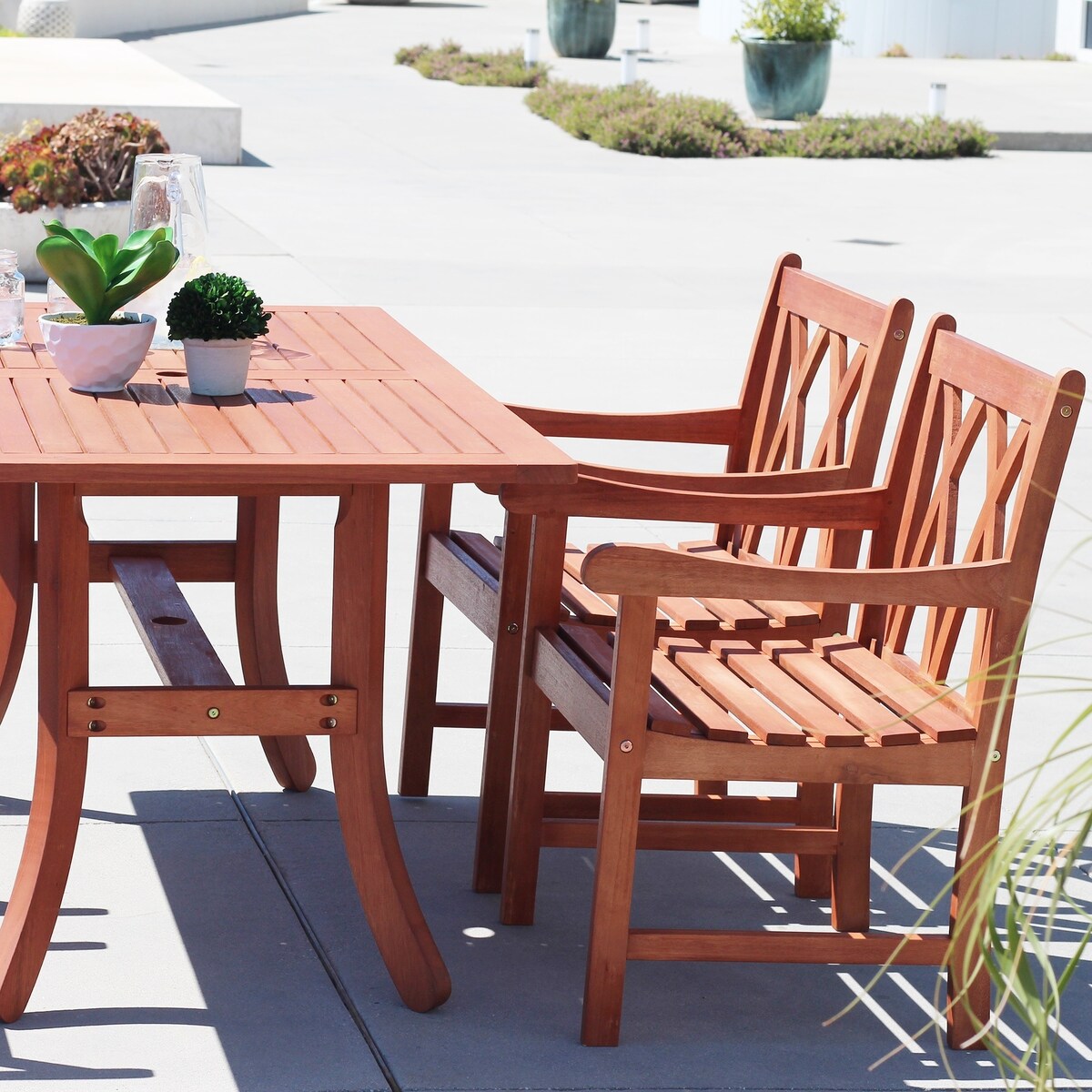Lazarus 5-Piece Reddish Brown Tropical Wood Patio Table and Armchair Dining Set