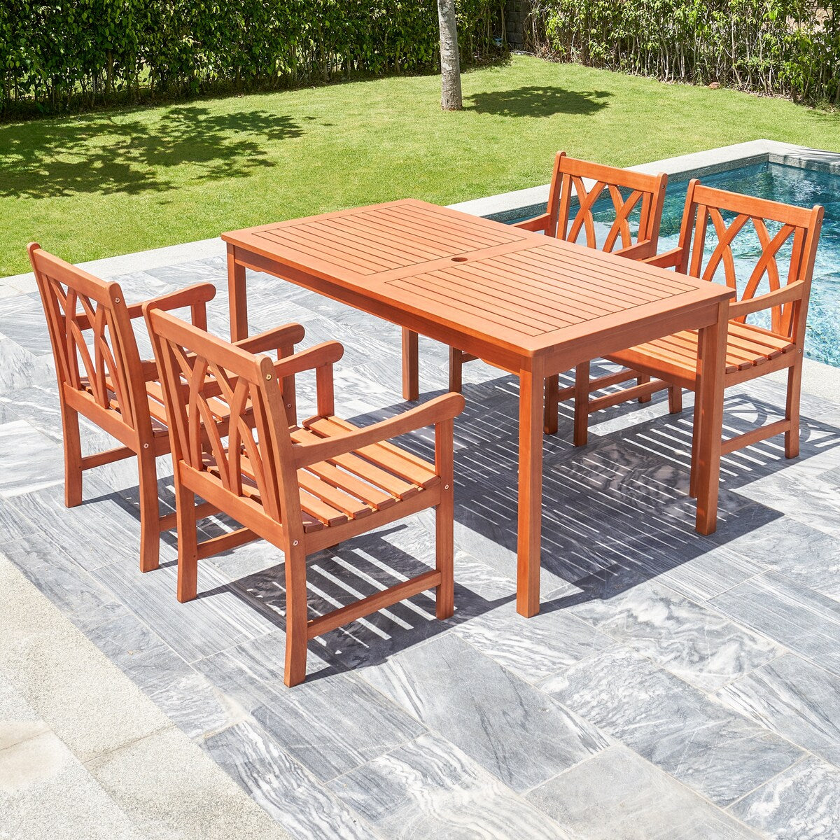 Lazarus 5-Piece Reddish Brown Tropical Wood Patio Table and Armchair Dining Set