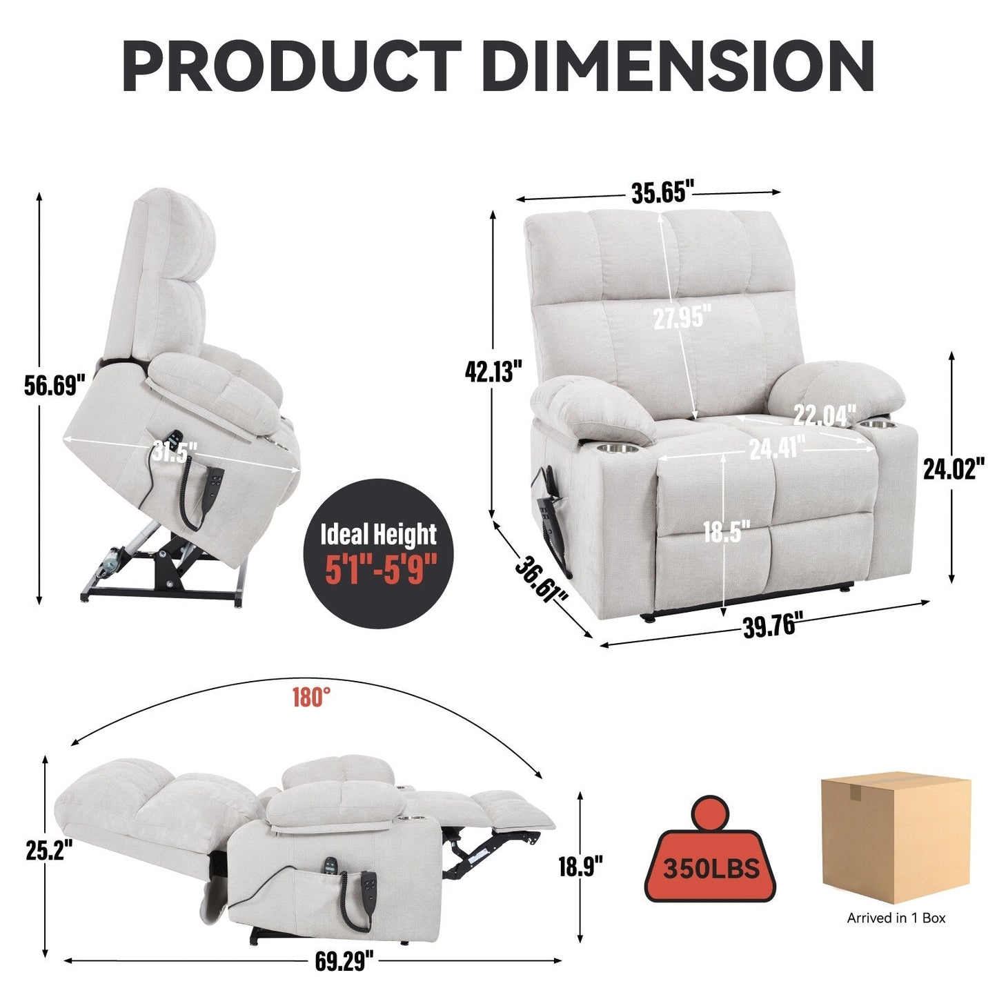 Lazy Boy Dual Motor Chenille Power Lift Recliner w/Massage and Lumbar Heating, Dual Cup Holders, Grey-Blue