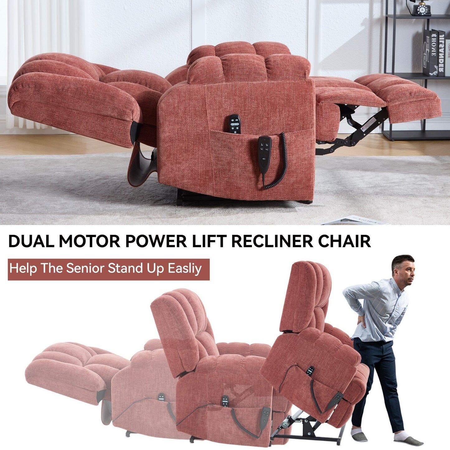 Lazy Boy Dual Motor Power Lift Chenille Recliner Chair with Massage and Heat & Power-Remote, Infinite Position