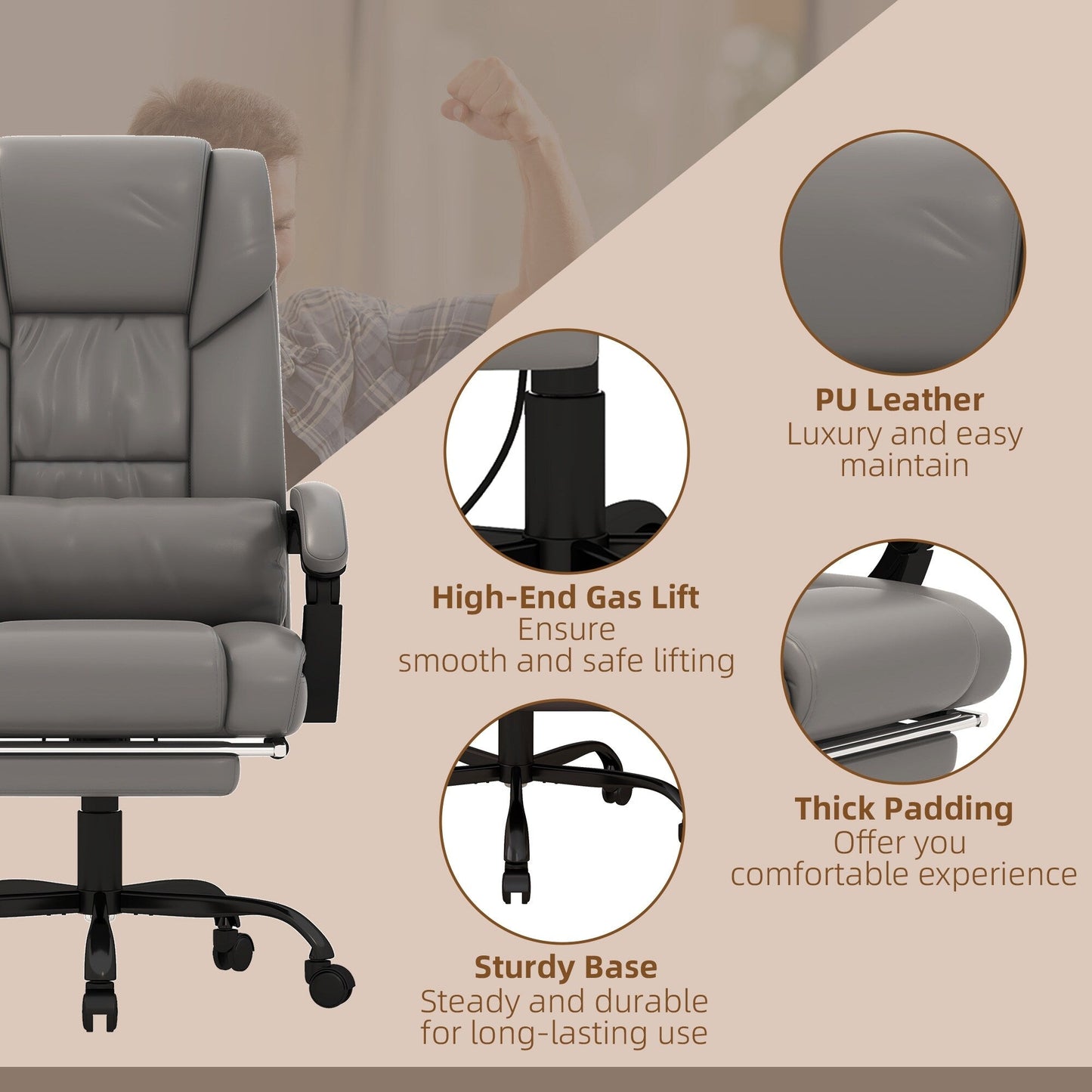 Leather Office Chair with 6-Point Vibration Massage, Remote Control, Reclining Backrest, Footrest, and Adjustable Height