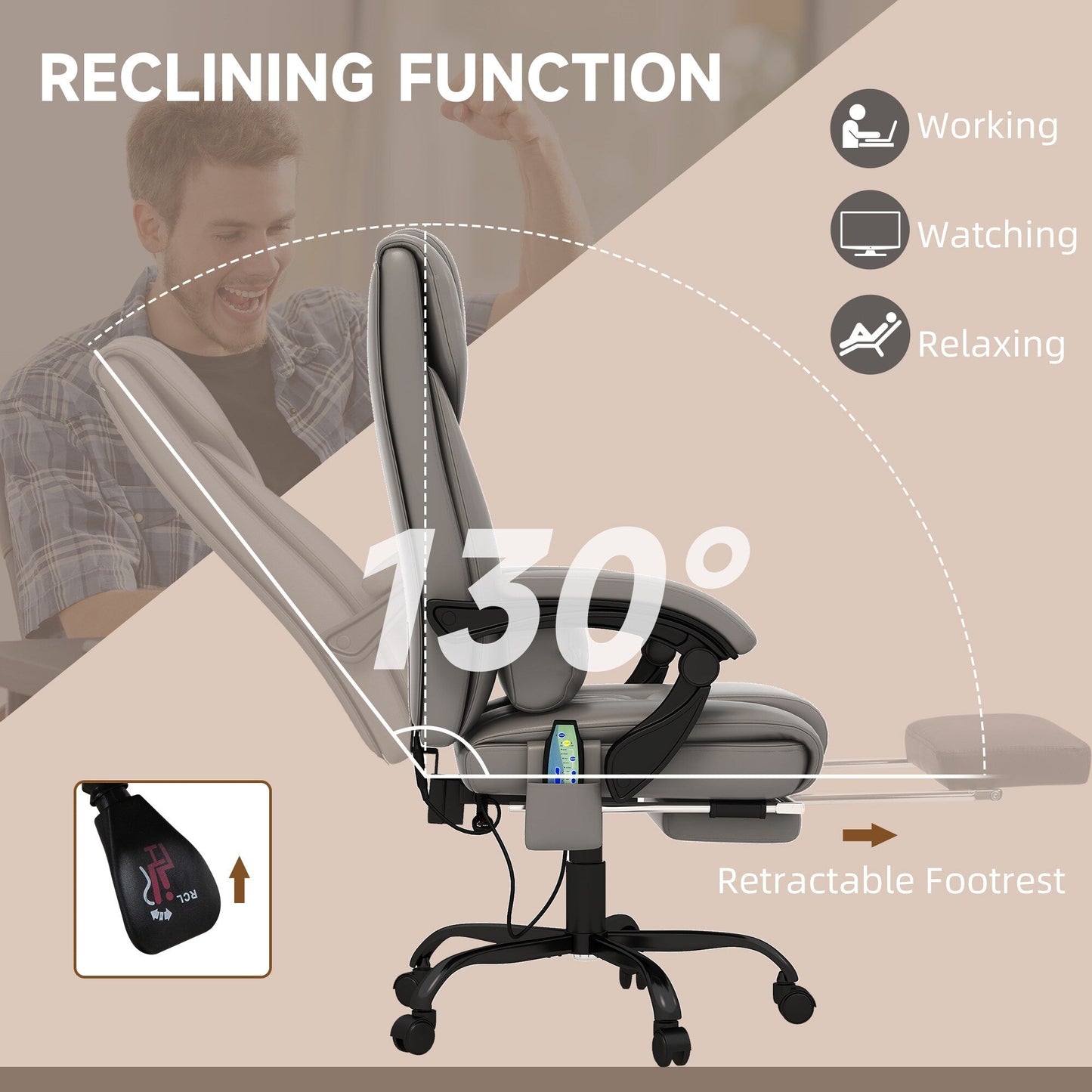 Leather Office Chair with 6-Point Vibration Massage, Remote Control, Reclining Backrest, Footrest, and Adjustable Height