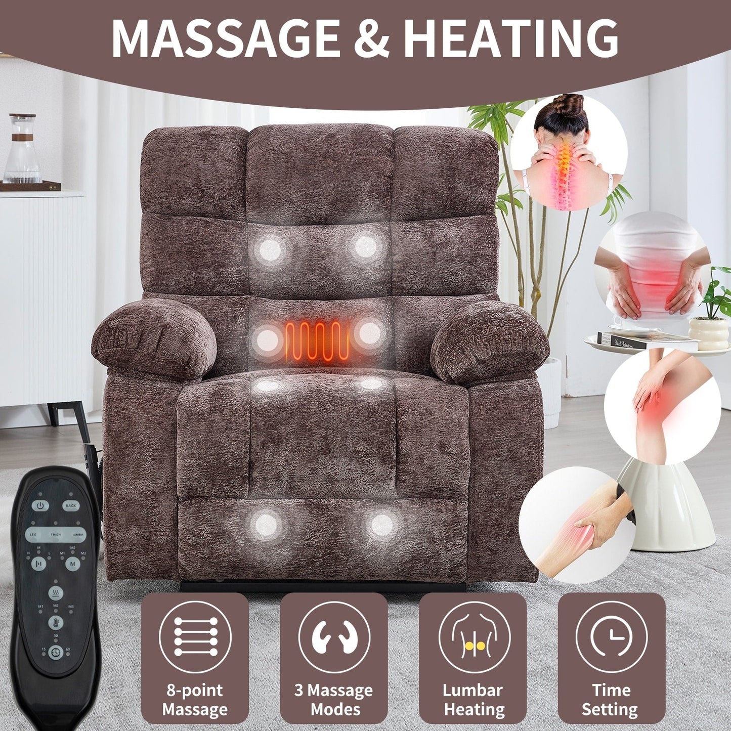Lift Recliner Chair Heat Massage Dual Motor Infinite Position Large Electric Power Lift Recliners with Power-Remote