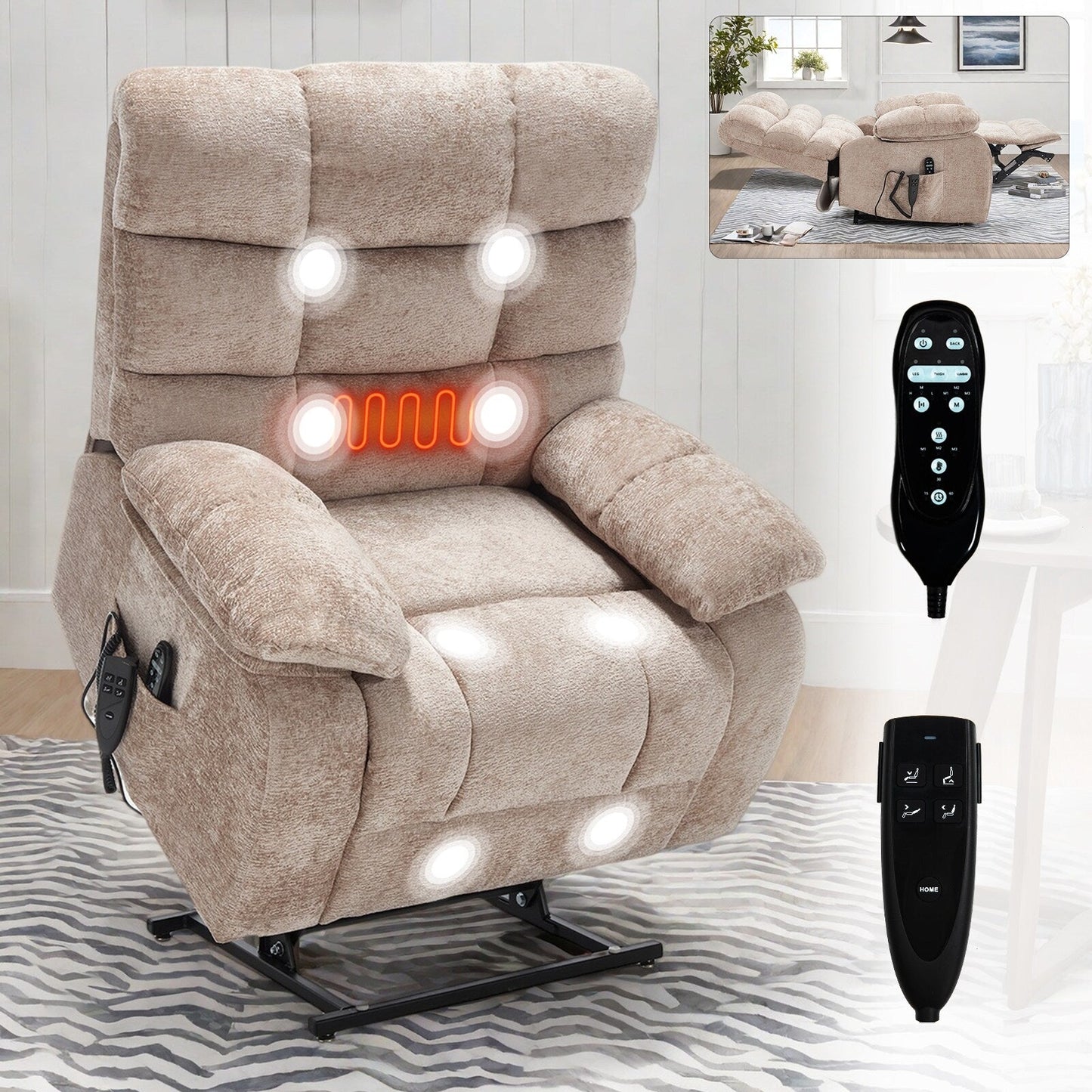 Lift Recliner Chair Heat Massage Dual Motor Infinite Position Large Electric Power Lift Recliners with Power-Remote,Medium-firm