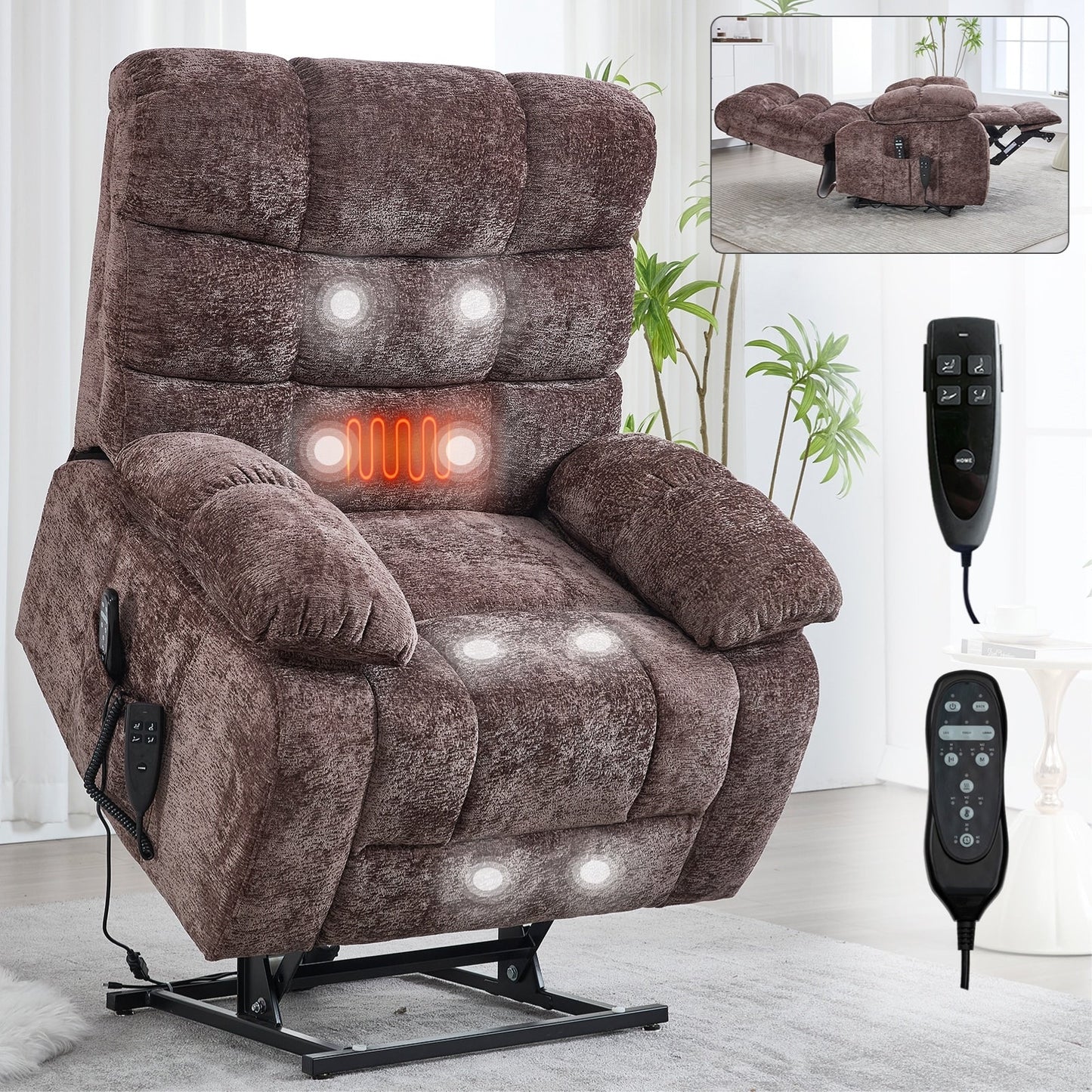 Lift Recliner Chair Heat Massage Dual Motor Infinite Position Large Electric Power Lift Recliners with Power-Remote