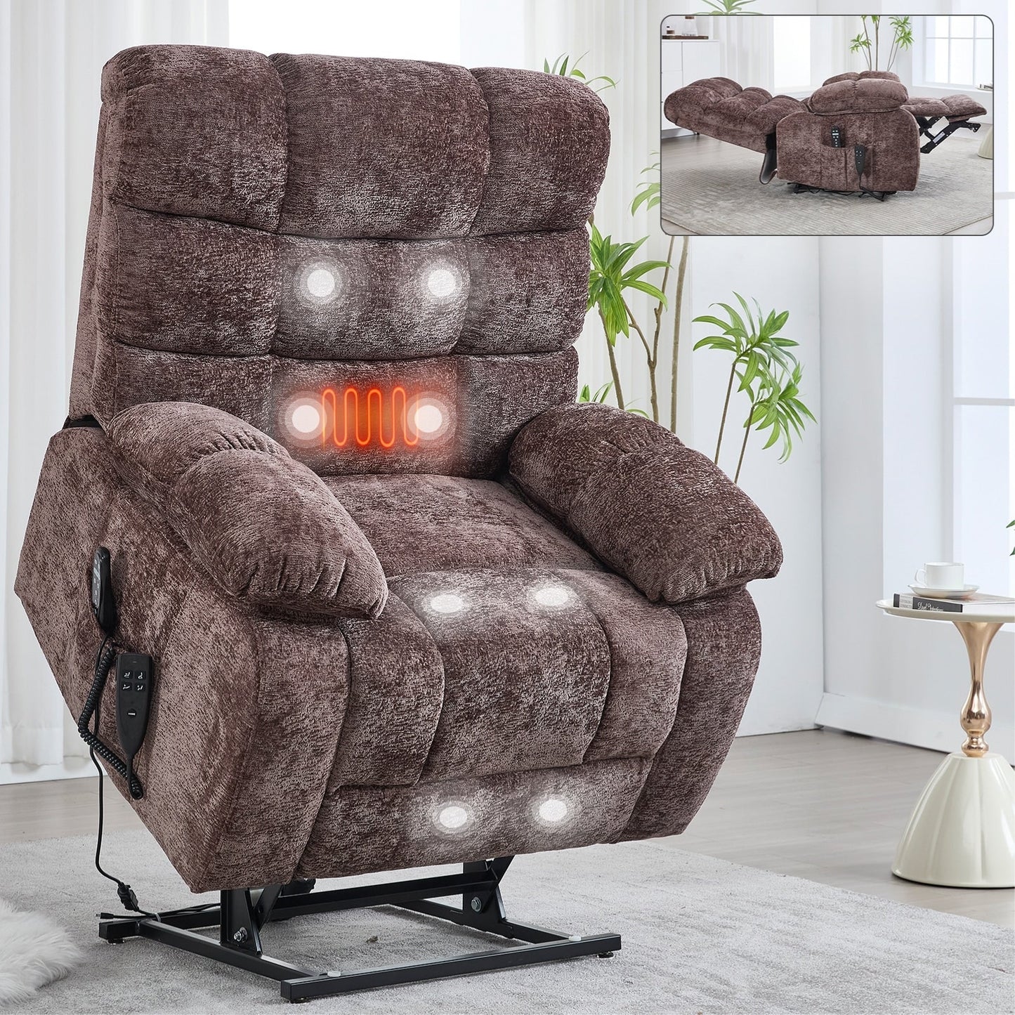 Lift Recliner Chair Heat Massage Dual Motor Infinite Position Large Electric Power Lift Recliners with Power-Remote