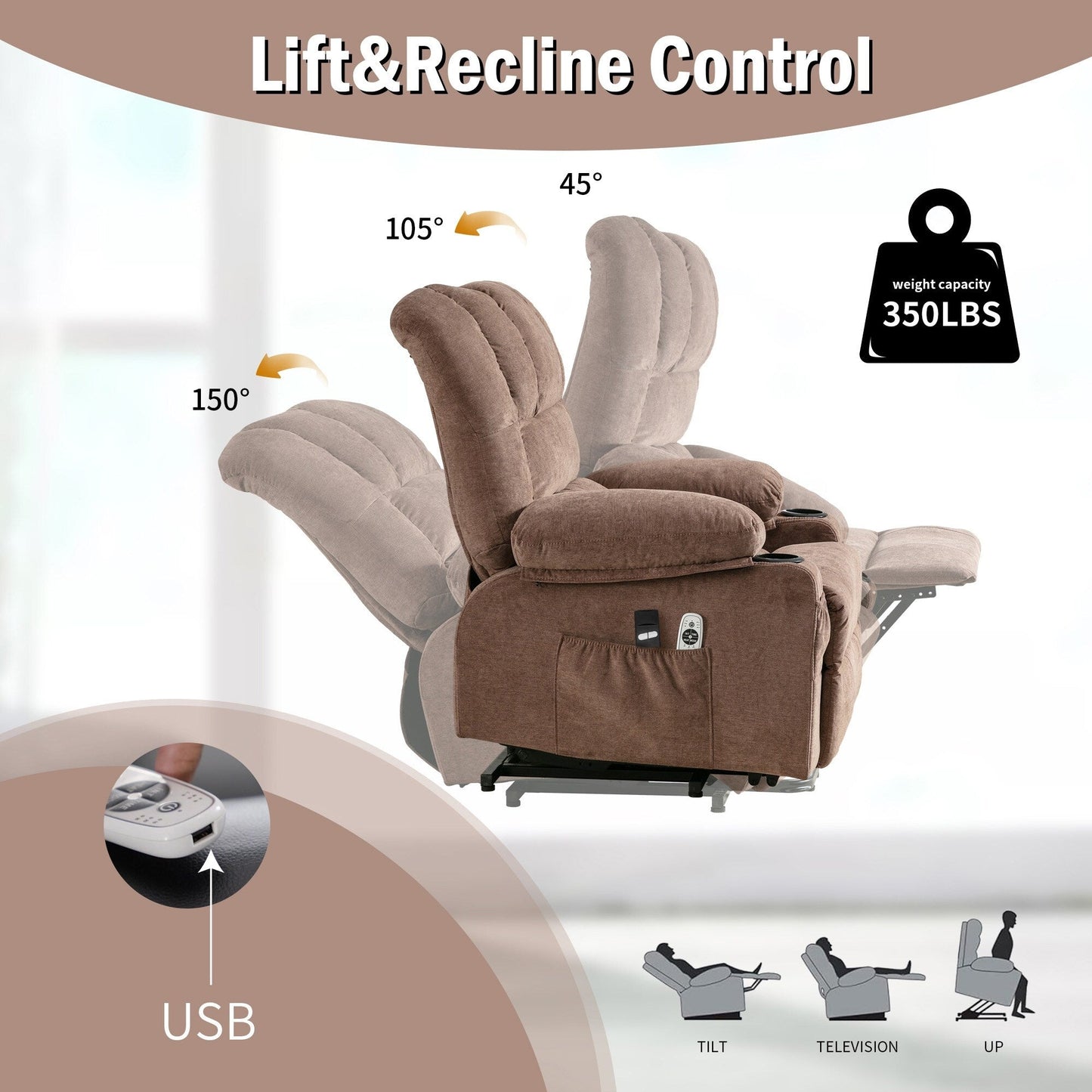 Lift Recliner Chair with Massage and Heat - Remote Control, USB Port, 8-Point Vibration