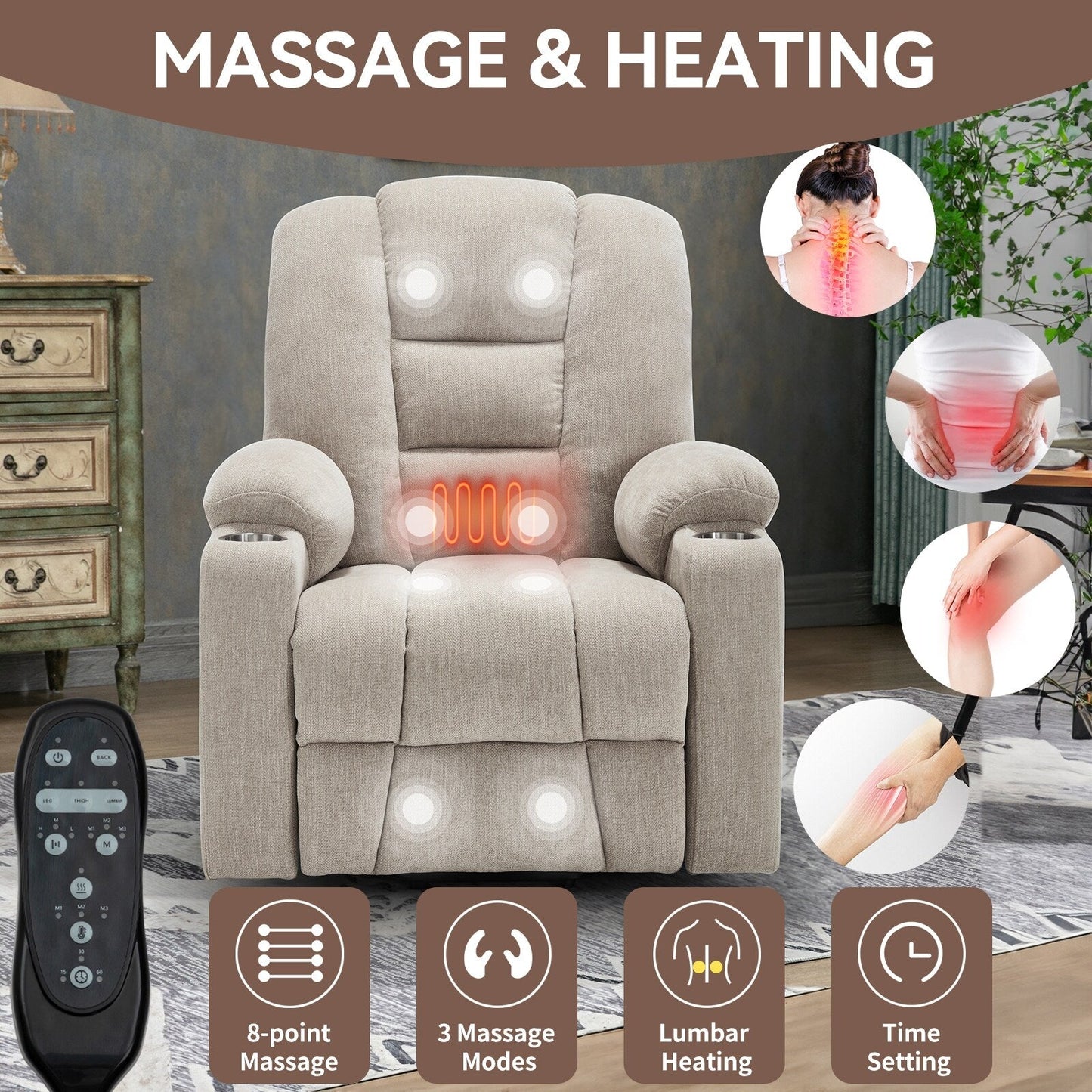 Lift Recliner Chair with Massage and Heat for Elderly, Overstuffed Wide Recliners, Heavy Duty Motion Mechanism with USB