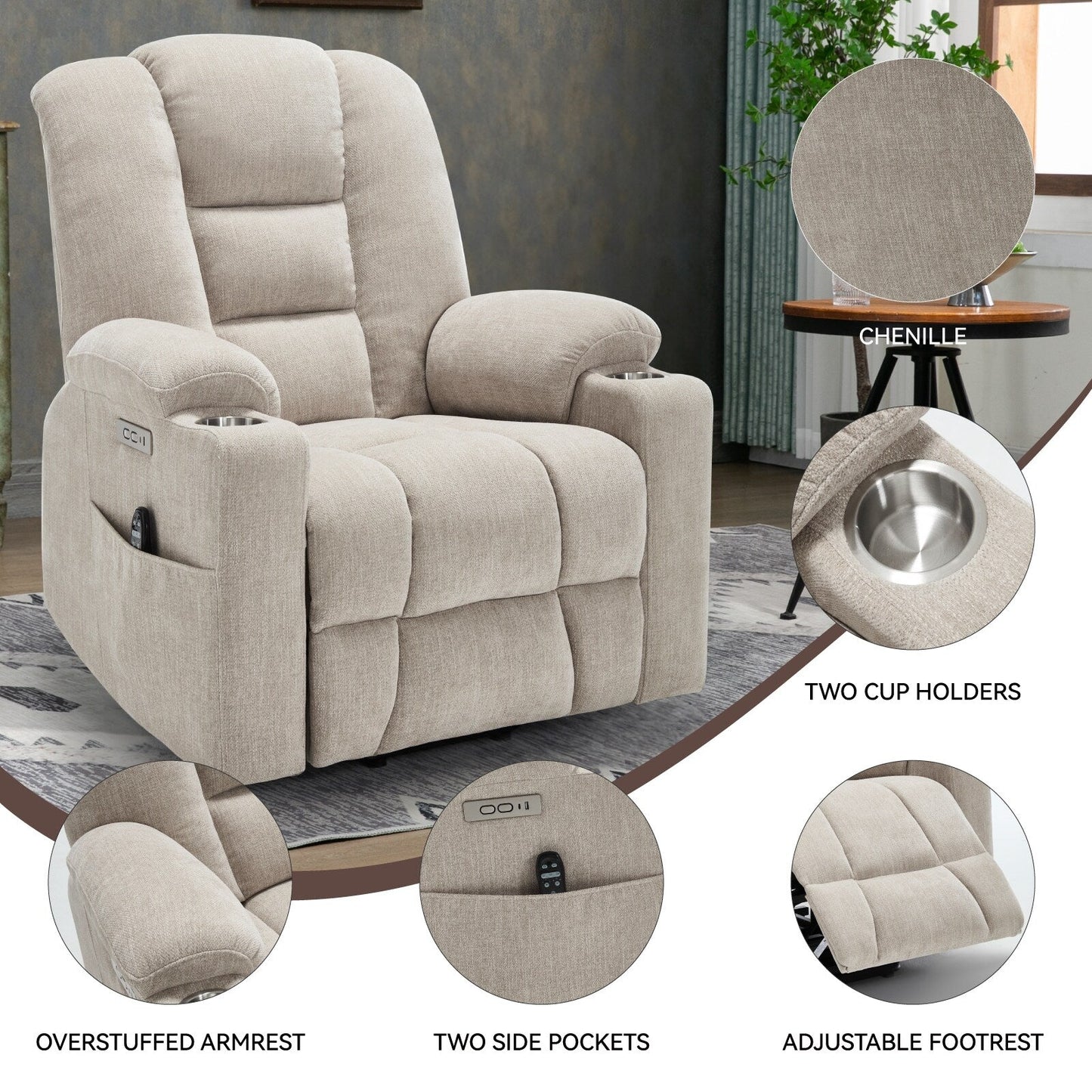 Lift Recliner Chair with Massage and Heat for Elderly, Overstuffed Wide Recliners, Heavy Duty Motion Mechanism with USB
