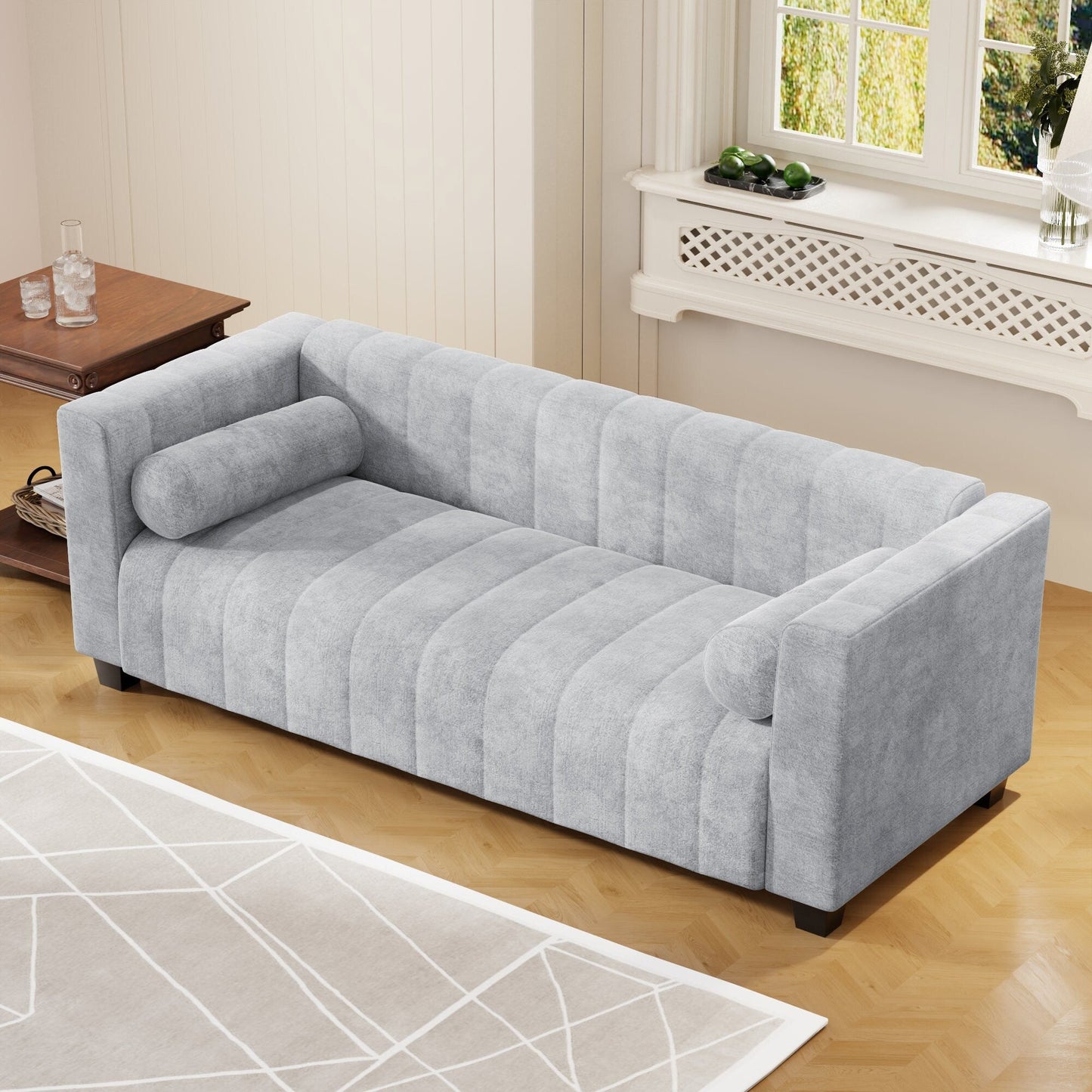 Light Gray 78.7 Chenille Upholstered 3-seater Sofa with Plastic Legs and 2 Pillows for Living Room