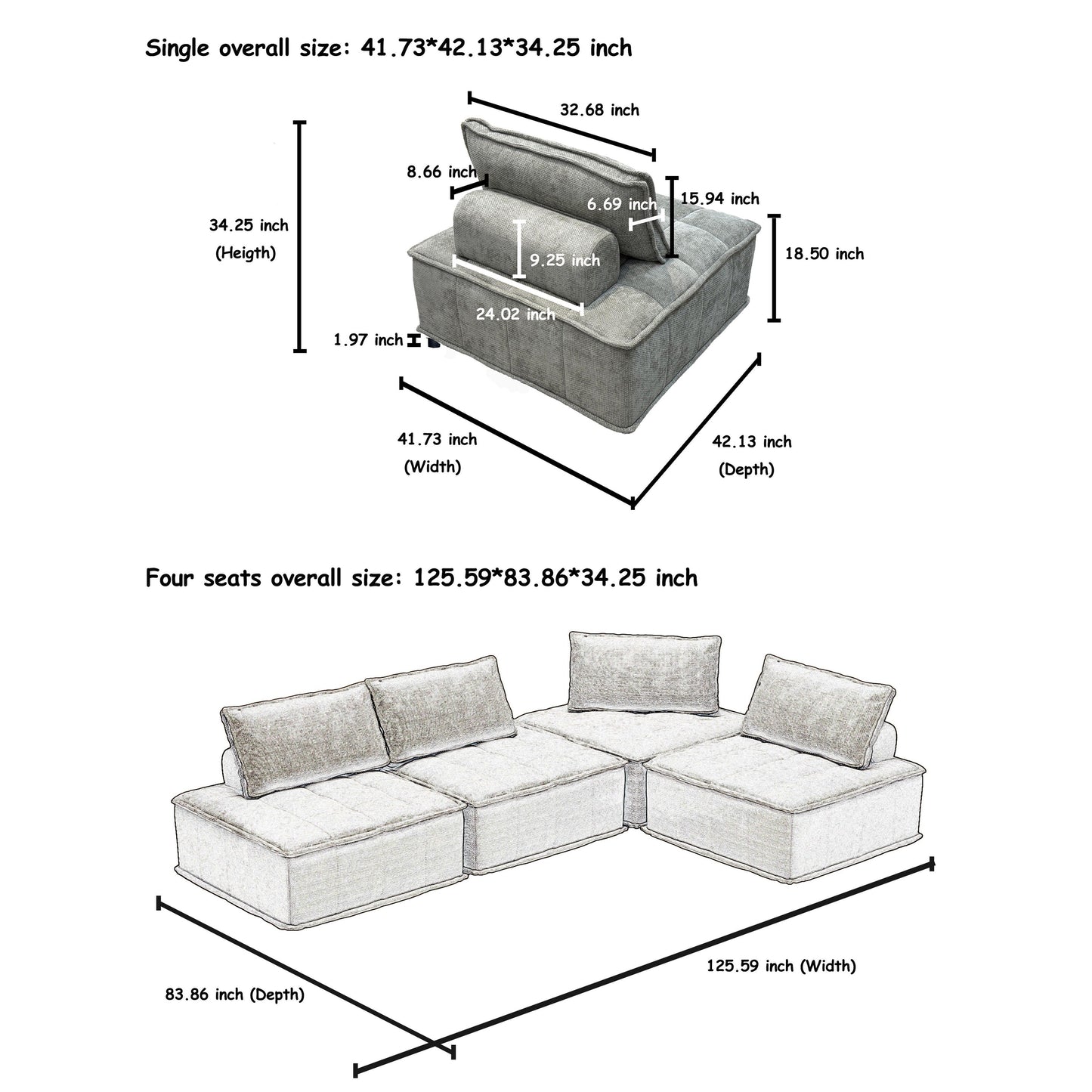 Light Gray Chenille 4-piece Modular Sofa Set