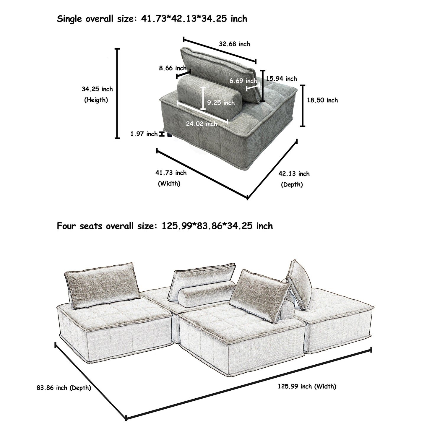 Light Gray Chenille 4-piece Modular Sofa Set