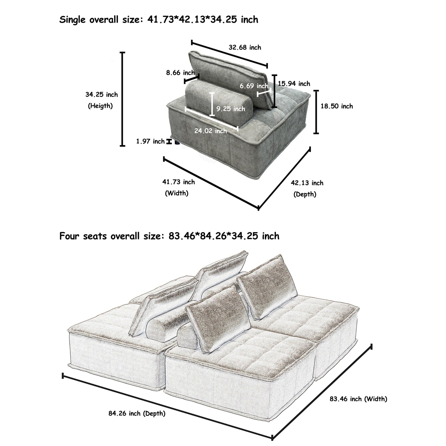 Light Gray Chenille 4-piece Modular Sofa Set