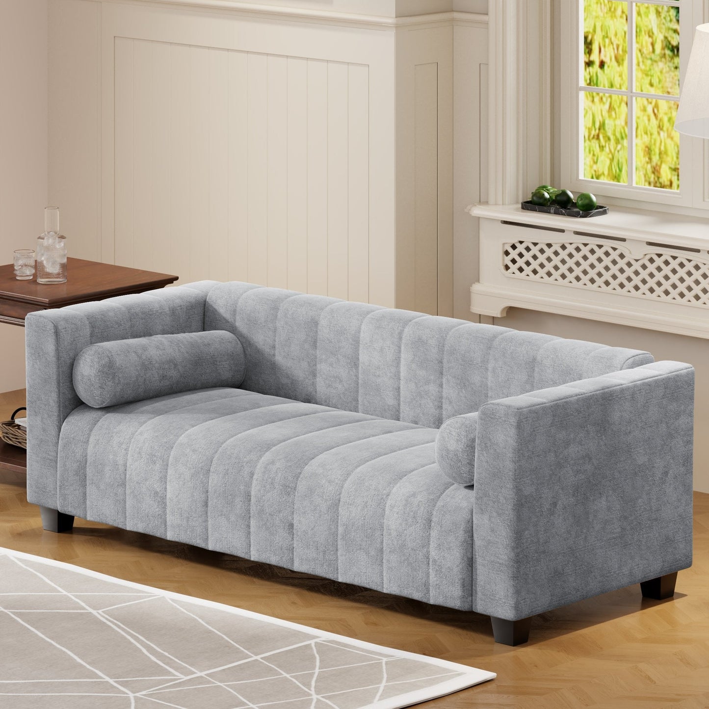 Light Gray Chenille Upholstered 3-seater Sofa with Plastic Legs