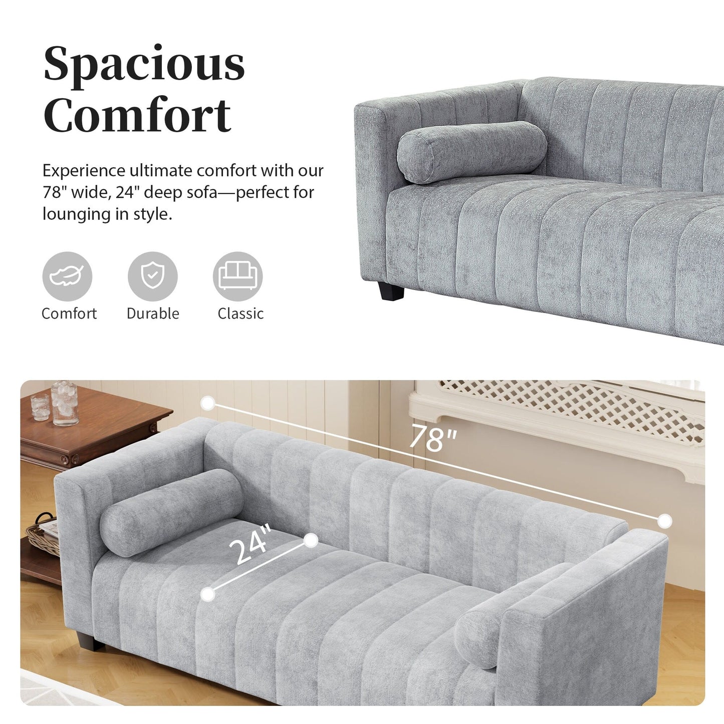 Light Gray Chenille Upholstered 3-seater Sofa with Plastic Legs
