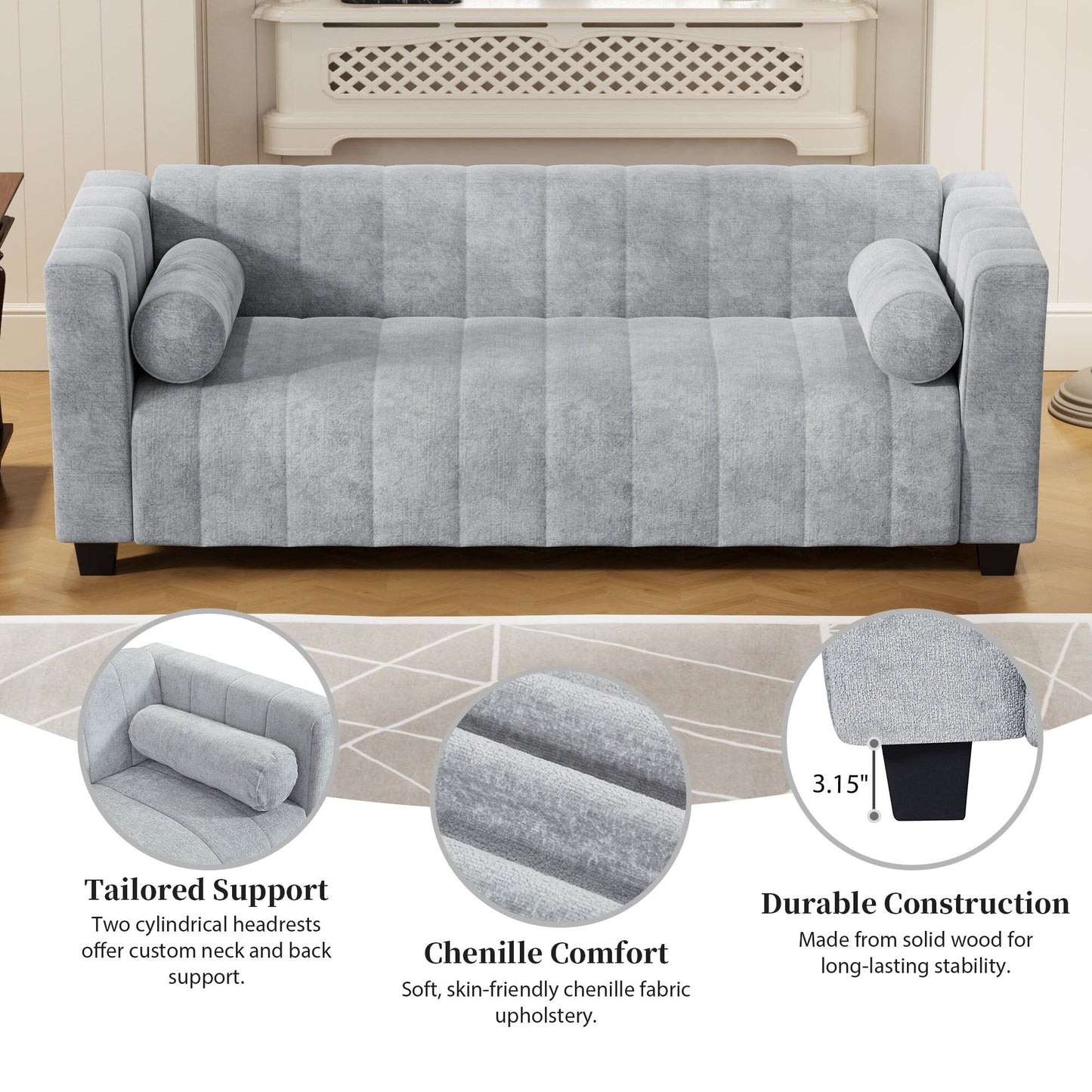 Light Gray Chenille Upholstered 3-seater Sofa with Plastic Legs