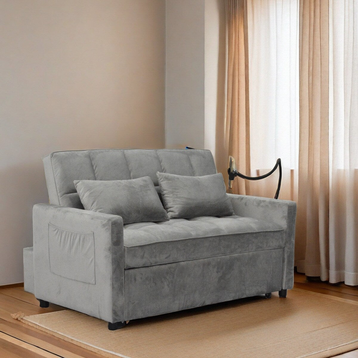 Light Gray Convertible Pullout Loveseat Sofa Bed with Phone Holder